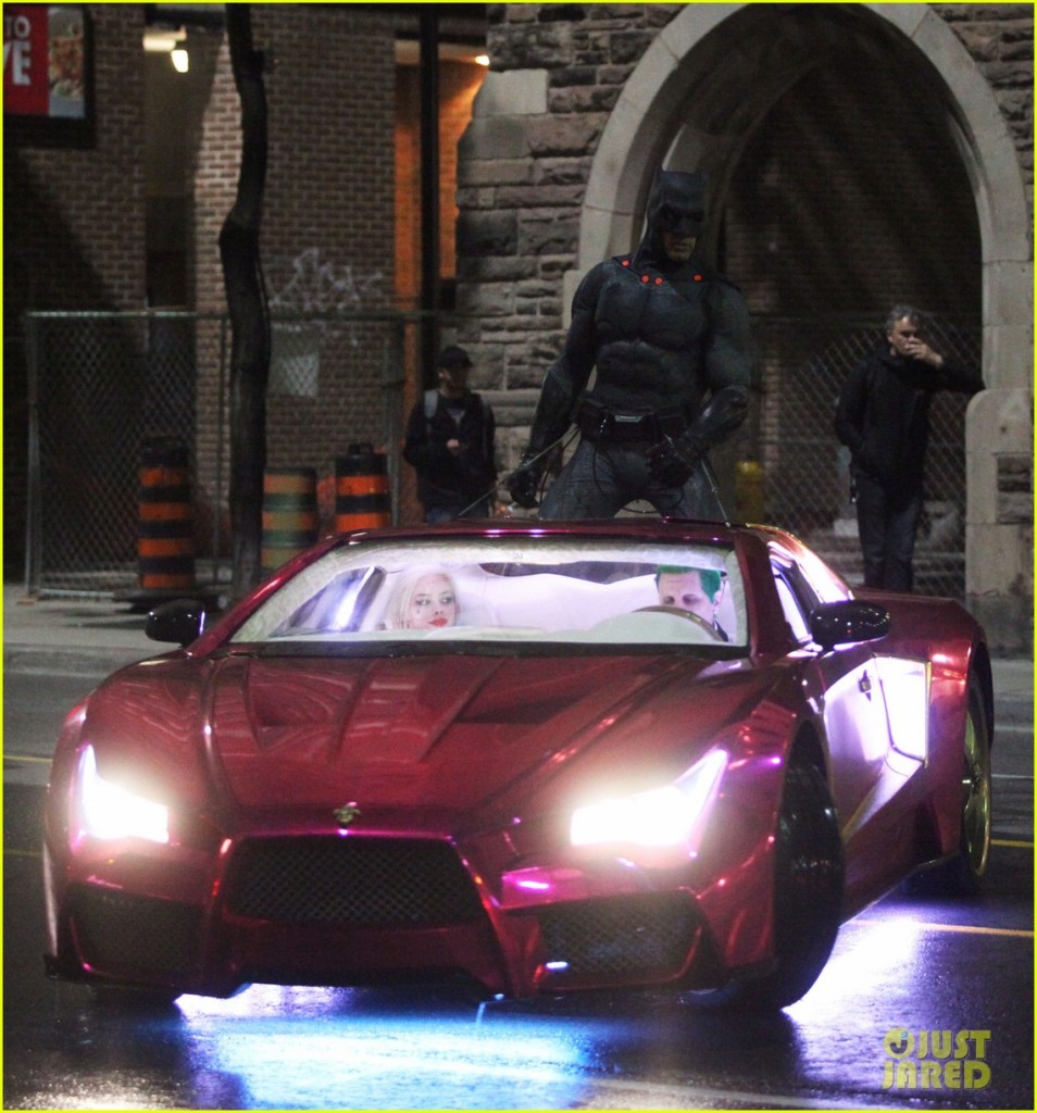 137846, Margot Robbie, Jared Leto and Ben Affleck seen filming on set of Suicide Squad in Toronto. Margot Robbie was in the scenes but the Joker was not Jared Leto but his stunt double and Infiniti G35 car with a Vaydor body kit. Batman jumnt onto the Joker car and rips a hole in the roof. The Batmobile also made an appearance. Toronto, Canada - Wednesday May 27, 2015. CANADA OUT Photograph: © PacificCoastNews. Los Angeles Office: +1 310.822.0419 sales@pacificcoastnews.com FEE MUST BE AGREED PRIOR TO USAGE