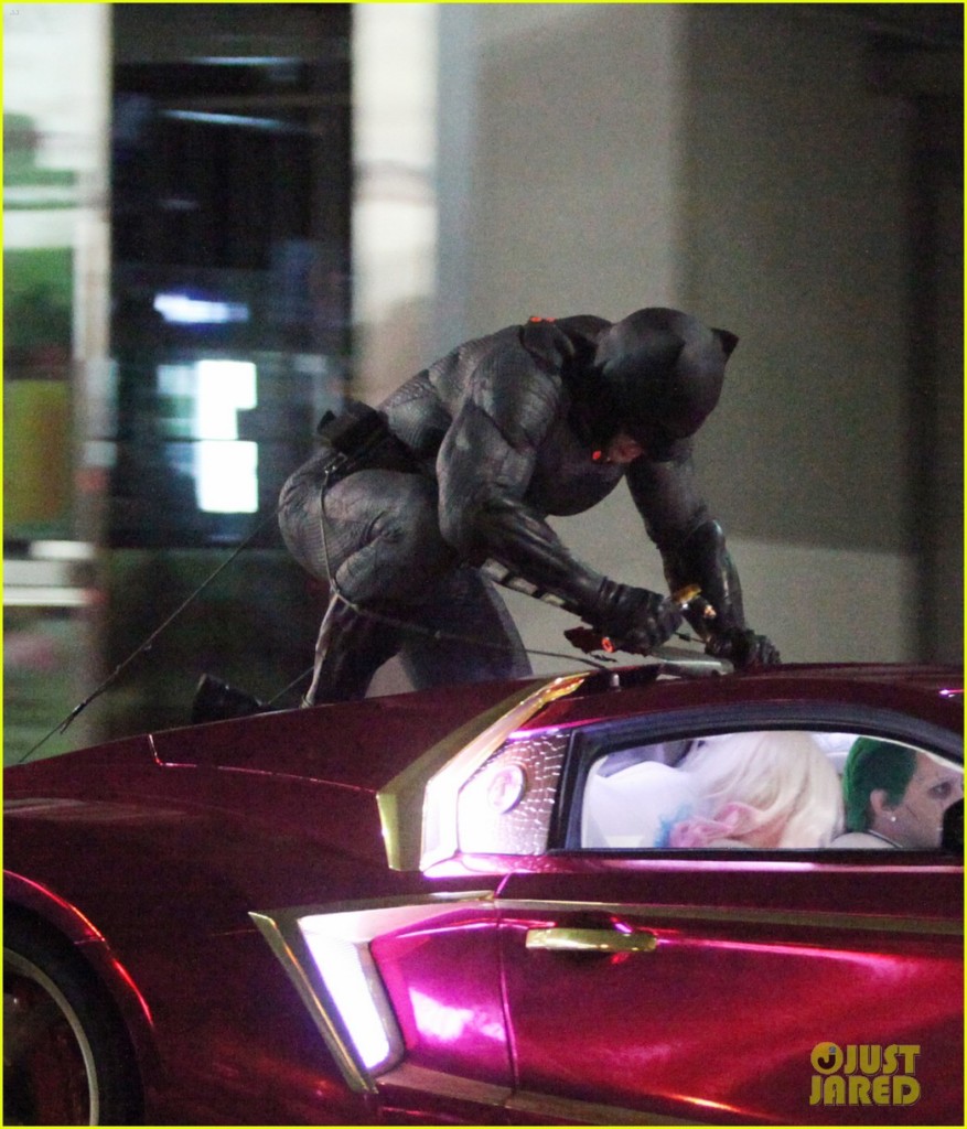 137846, Margot Robbie, Jared Leto and Ben Affleck seen filming on set of Suicide Squad in Toronto. Margot Robbie was in the scenes but the Joker was not Jared Leto but his stunt double and Infiniti G35 car with a Vaydor body kit. Batman jumnt onto the Joker car and rips a hole in the roof. The Batmobile also made an appearance. Toronto, Canada - Wednesday May 27, 2015. CANADA OUT Photograph: © PacificCoastNews. Los Angeles Office: +1 310.822.0419 sales@pacificcoastnews.com FEE MUST BE AGREED PRIOR TO USAGE