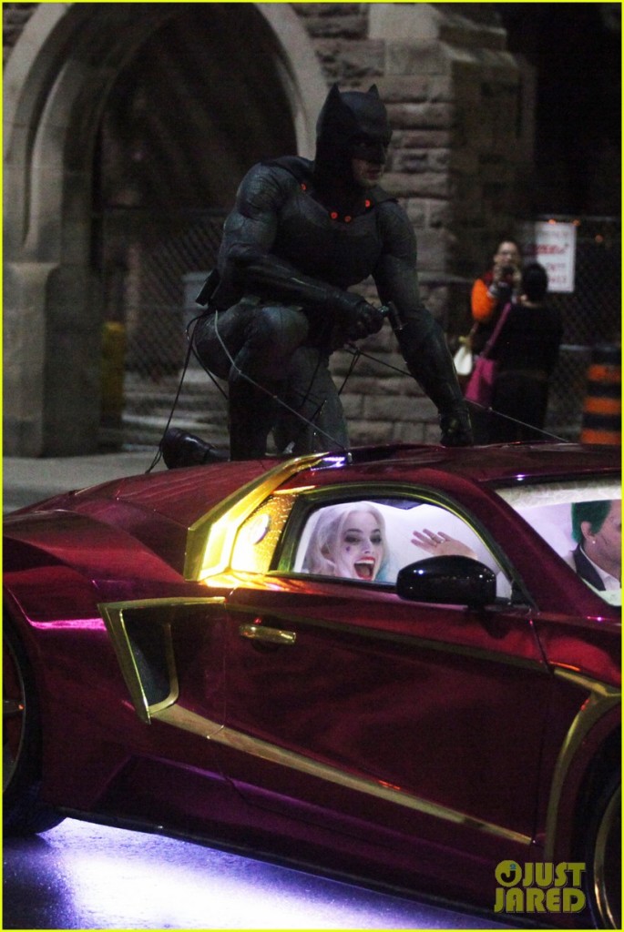 137846, Margot Robbie, Jared Leto and Ben Affleck seen filming on set of Suicide Squad in Toronto. Margot Robbie was in the scenes but the Joker was not Jared Leto but his stunt double and Infiniti G35 car with a Vaydor body kit. Batman jumnt onto the Joker car and rips a hole in the roof. The Batmobile also made an appearance. Toronto, Canada - Wednesday May 27, 2015. CANADA OUT Photograph: © PacificCoastNews. Los Angeles Office: +1 310.822.0419 sales@pacificcoastnews.com FEE MUST BE AGREED PRIOR TO USAGE