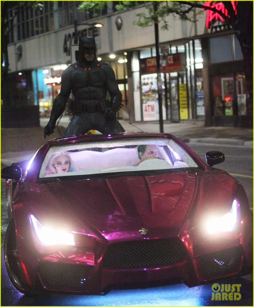 137846, Margot Robbie, Jared Leto and Ben Affleck seen filming on set of Suicide Squad in Toronto. Margot Robbie was in the scenes but the Joker was not Jared Leto but his stunt double and Infiniti G35 car with a Vaydor body kit. Batman jumnt onto the Joker car and rips a hole in the roof. The Batmobile also made an appearance. Toronto, Canada - Wednesday May 27, 2015. CANADA OUT Photograph: © PacificCoastNews. Los Angeles Office: +1 310.822.0419 sales@pacificcoastnews.com FEE MUST BE AGREED PRIOR TO USAGE